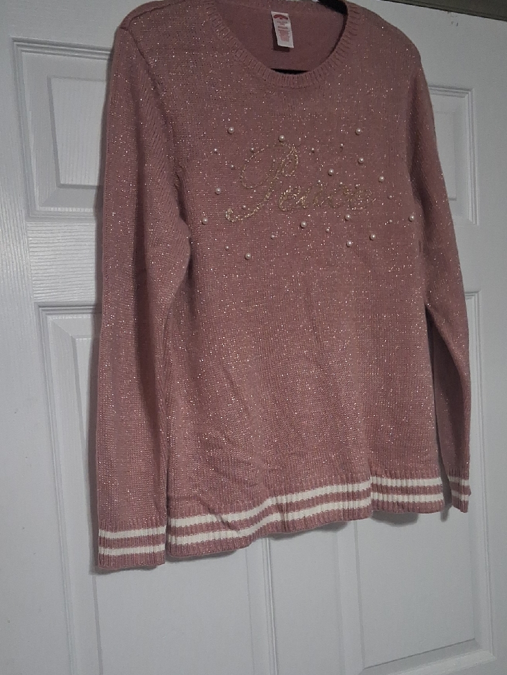 Pink Gold Crewneck Sweater with Pearls & Metallic Detail Sz 2X $28